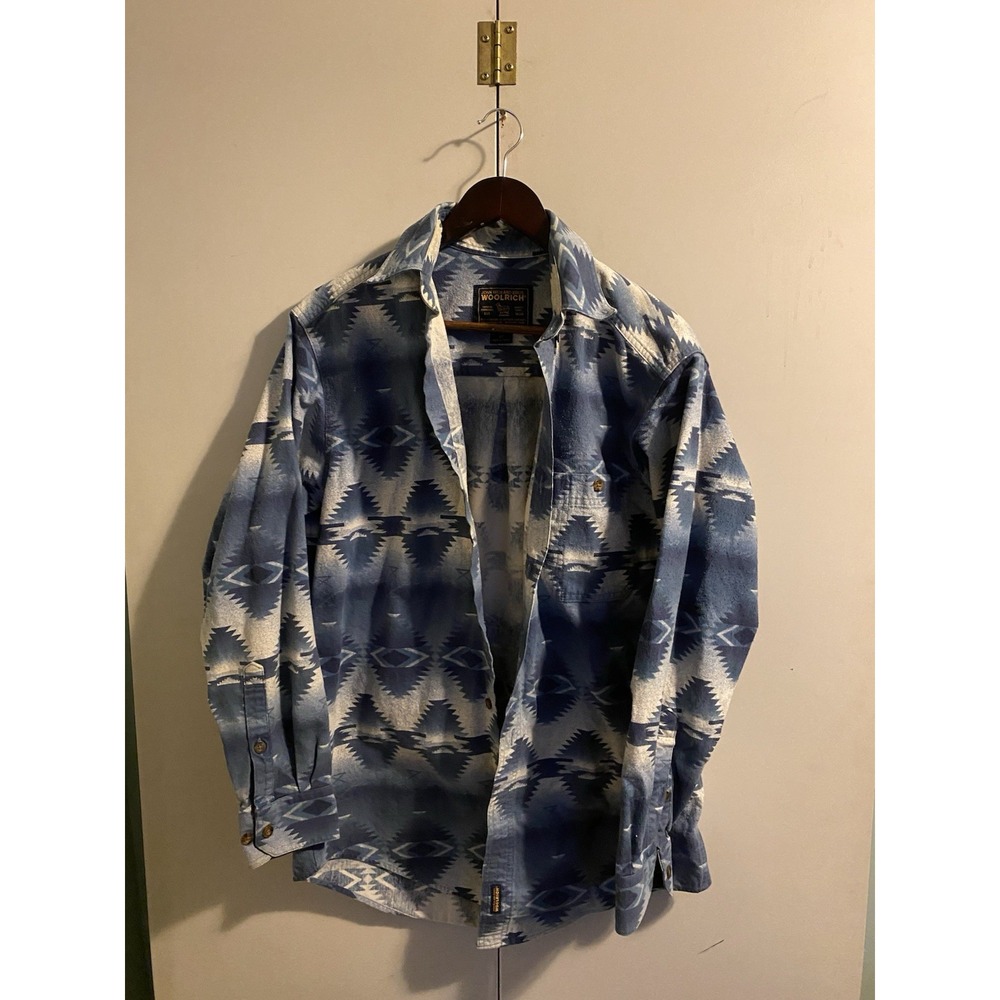 Vintage Woolrich Mens M Southwestern Aztec Print Flannel Long Sleeve Shirt Blue